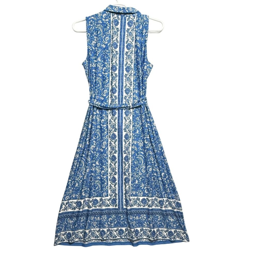 MSK Dress Womens XL Blue White Floral Sleeveless Midi Polyester Belted Casual - Picture 2 of 7